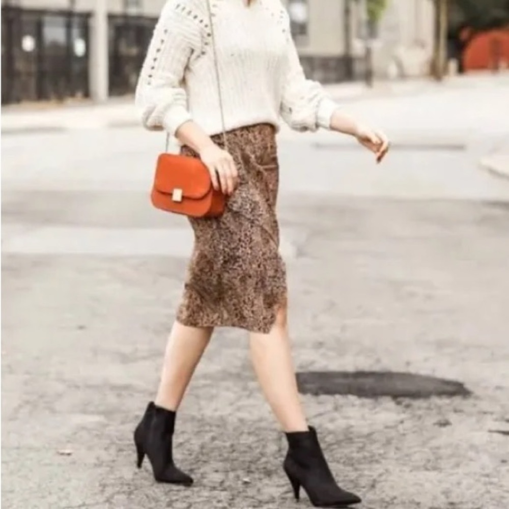 1 State leopard ruffle front straight knee length midi skirt